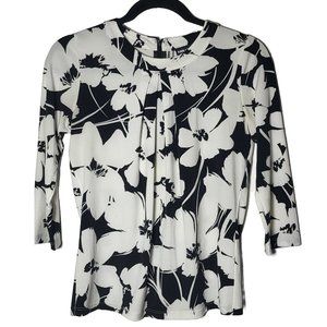 Karl Lagerfeld Womens Black White Floral Quarter Sleeve‎ Blouse Size Petite XS